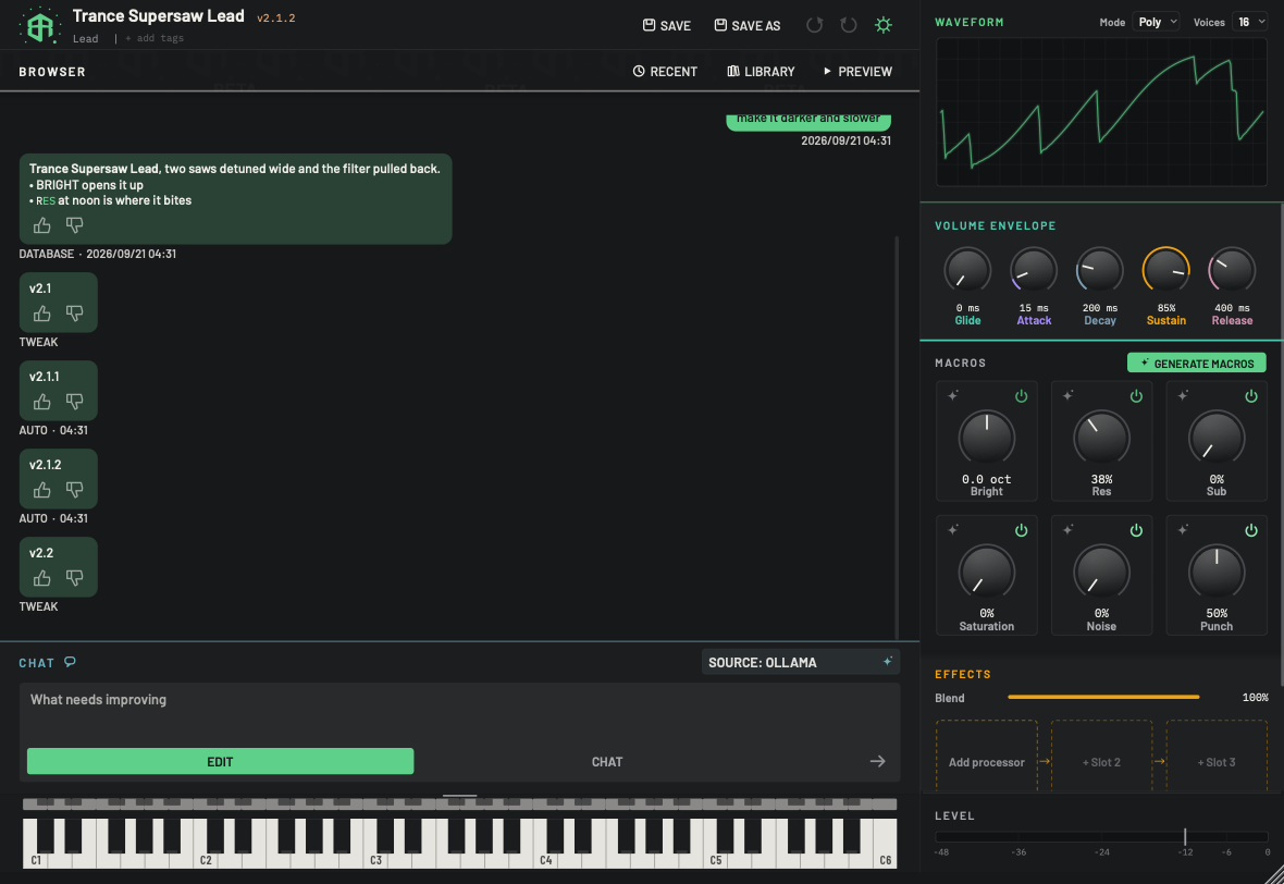 Box Of Synths: the chat where you type the sound, the dials it chose and the waveform
